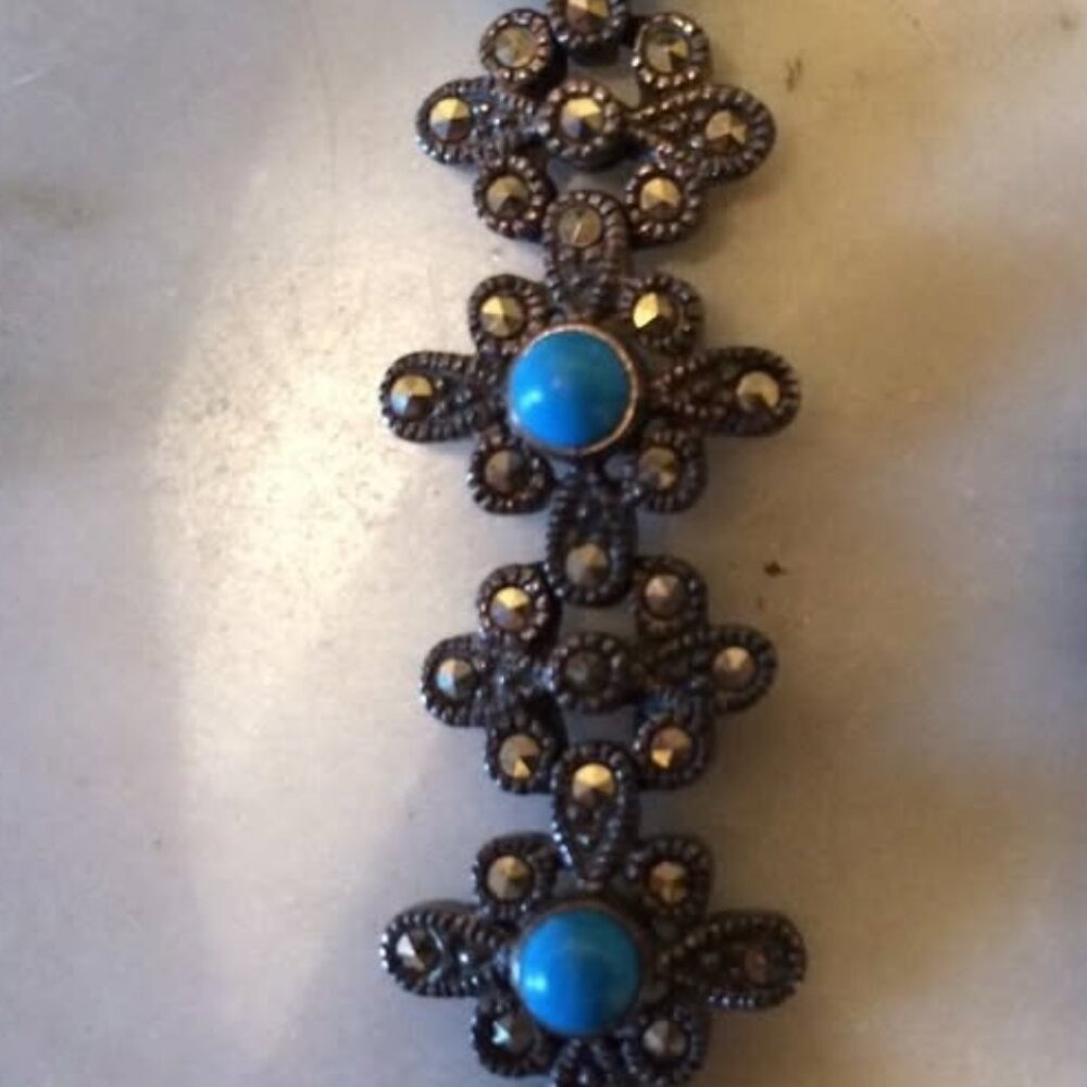 Vtg sterling 925 marcasites turquoise paste glass victorian bracelet 22 gr.